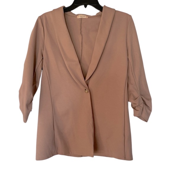 Altar’d State Med Brown Shawl Lapel Single Button 3/4 Ruched Sleeve Blazer - Picture 6 of 7